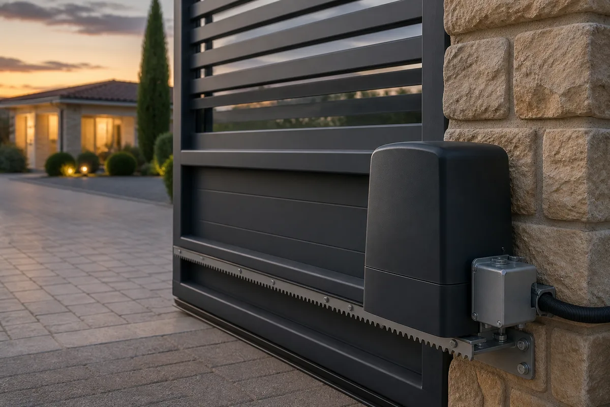 Vérin de motorisation fixé sur un pilier en pierre