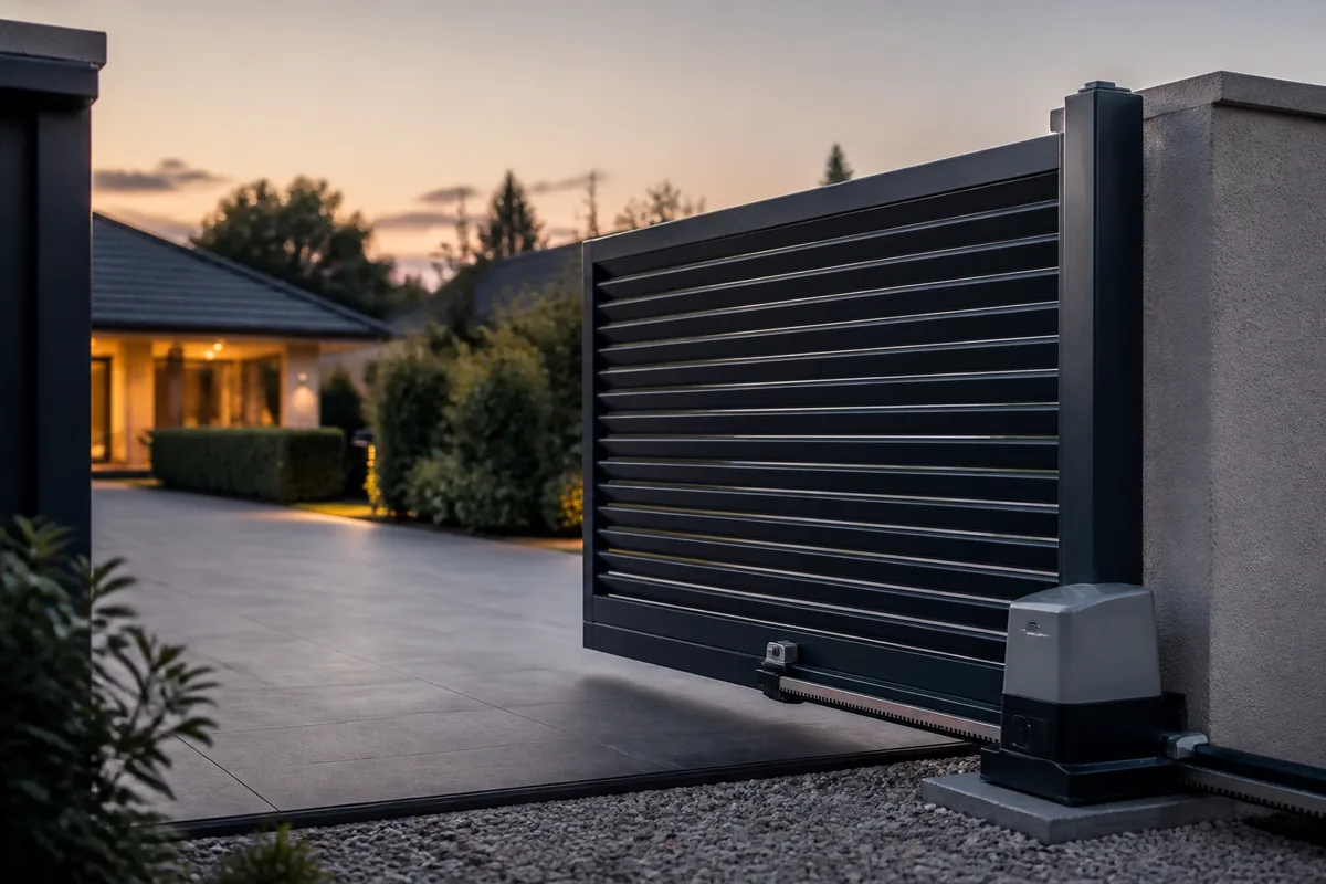 Portail coulissant en aluminium glissant le long de son rail au sol